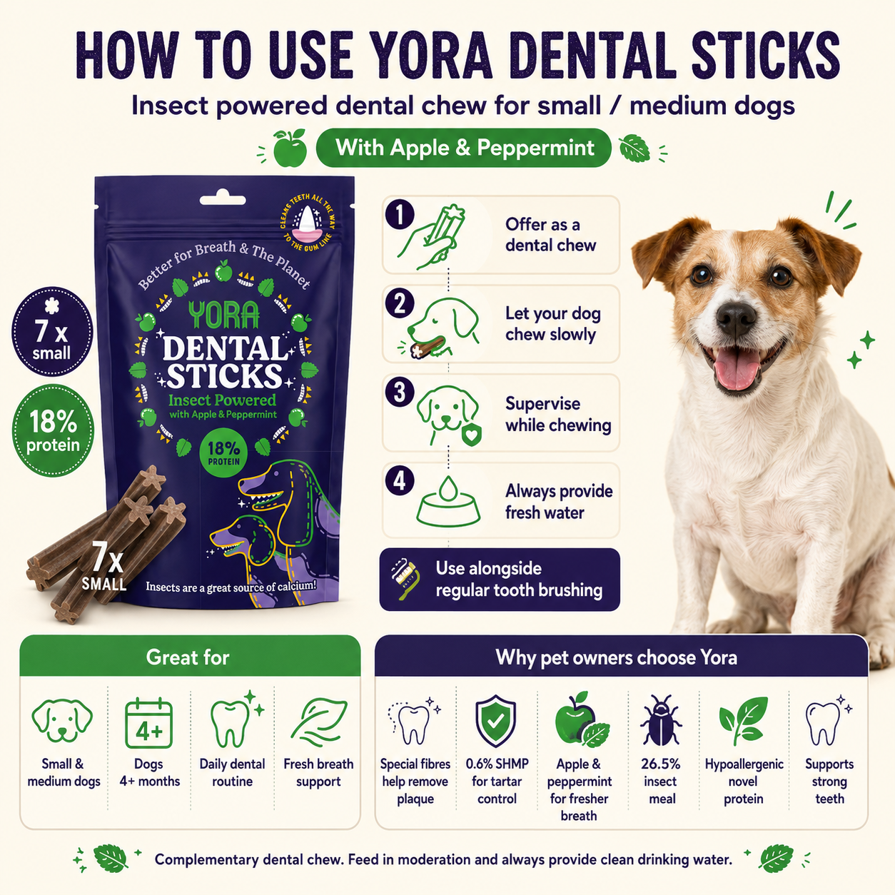 YORA Insect Protein Dental Sticks for Dogs Apple & Mint