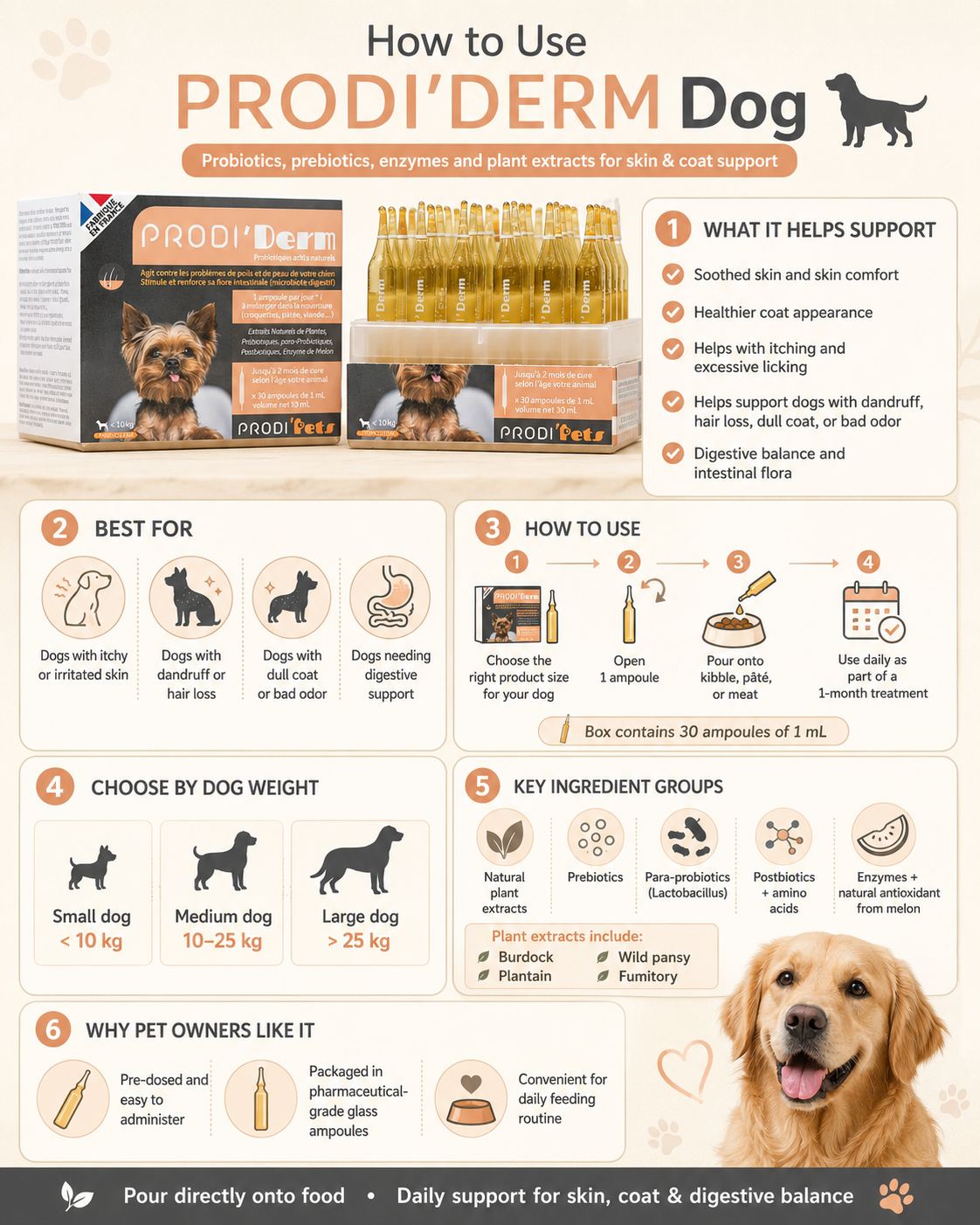 ProdiDerm Dog 30 vials - Probiotics, Prebiotic and Enzymes + Skin and Coat Supplement - 4 in 1 ( 100 % Plant Extracts )