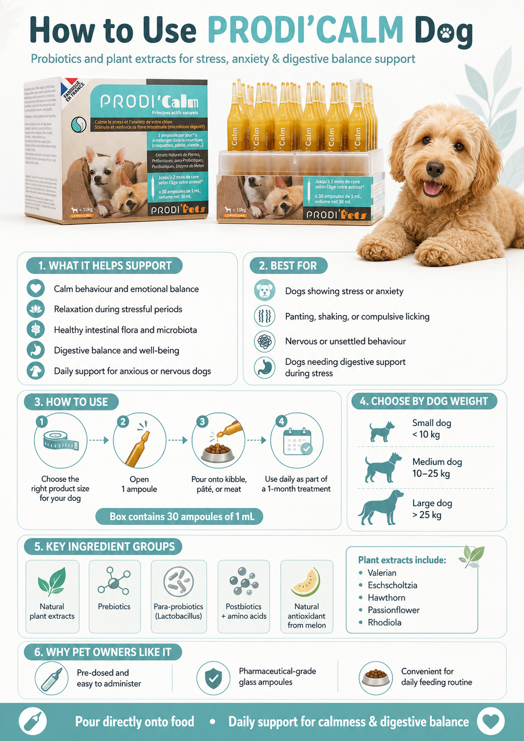ProdiCalm Dog 30 vials - Probiotics, Prebiotic and Enzymes + Against Stress And Anxiety  Supplement- 4 in 1 ( 100 % Plant Extracts )