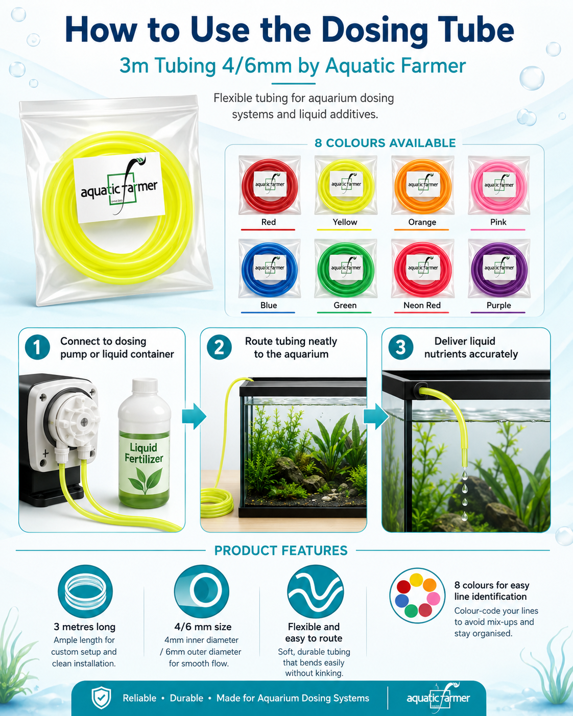 Dosing tube 3m Tubing 4/6mm by Aquatic Farmer - 8 exciting colours to choose from