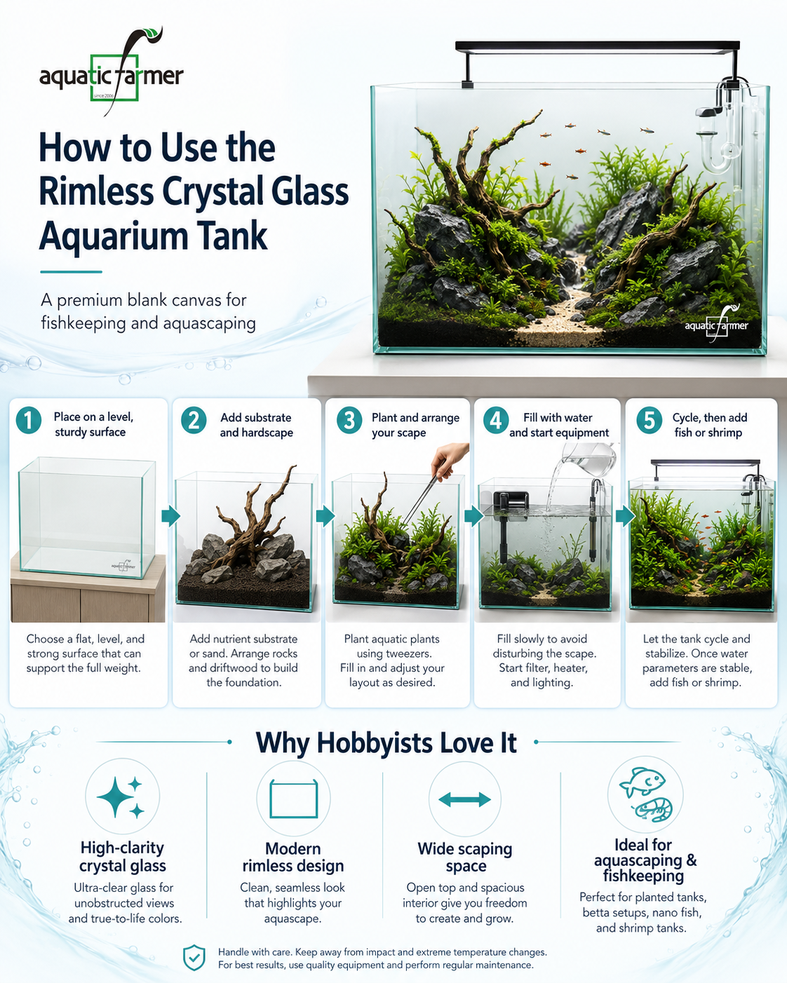 Aquatic Farmer Rimless High Clarity Crystal Glass Aquarium Tank