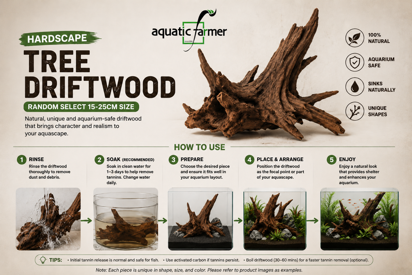 Aquatic Farmer Hardscape Malayan Driftwood - random select 15-25cm size