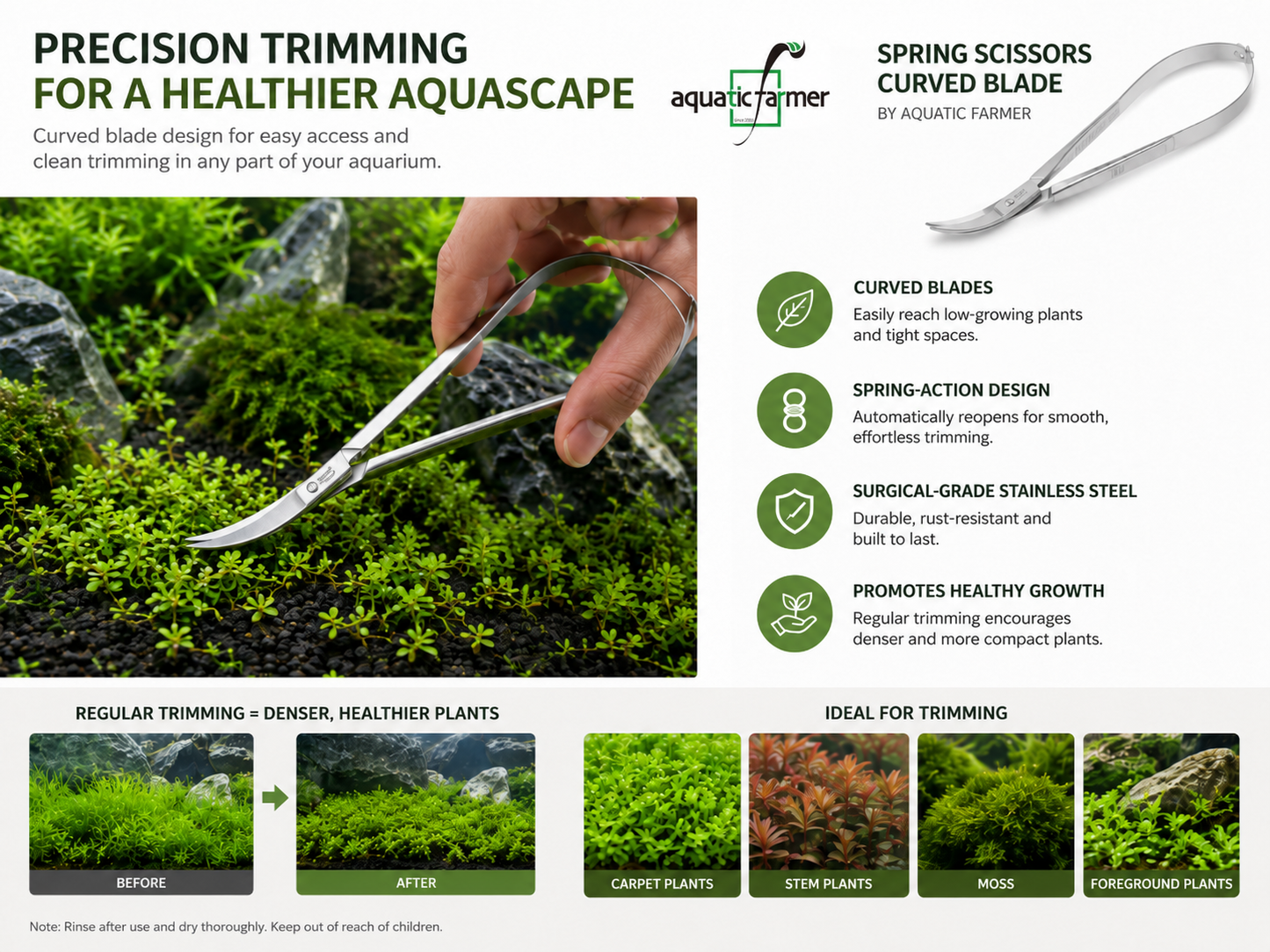 Spring Scissors Curved Blade by Aquatic Farmer - Stainless Steel Aquascaping Tools 2.0 (Surgical Grade)