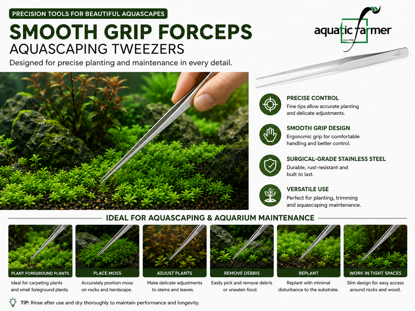 Smooth Grip Forceps Aquascaping Tweezers by Aquatic Farmer - Stainless Steel Aquascaping Tools 2.0 (Surgical Grade)