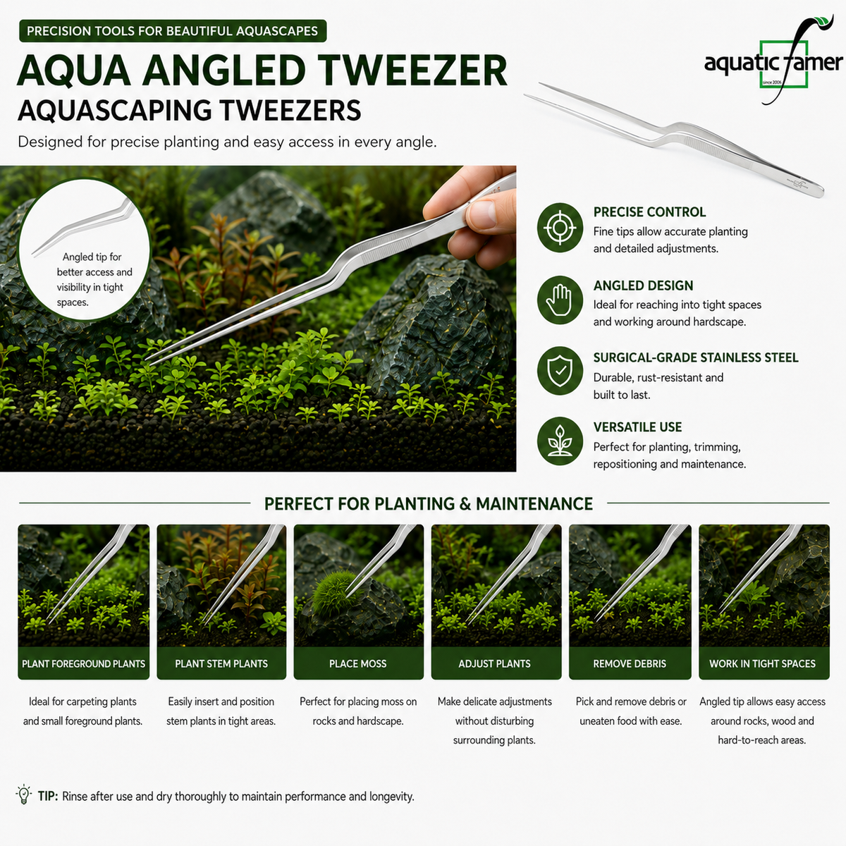 Aqua Angled Tweezer by Aquatic Farmer - Stainless Steel Aquascaping Tools 2.0 (Surgical Grade)