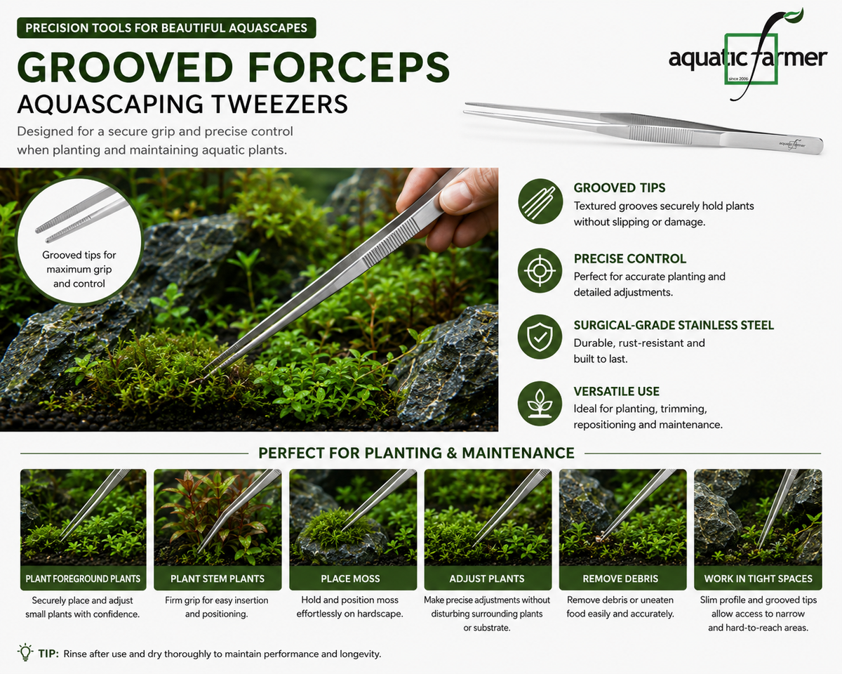 Grooved Forceps Aquascaping Tweezers by Aquatic Farmer - Stainless Steel Aquascaping Tools 2.0 (Surgical Grade)