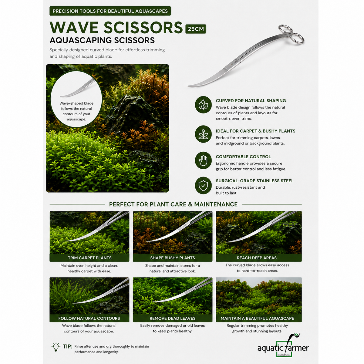 Wave scissors (25cm) by Aquatic Farmer - Stainless Steel Aquascaping Tools 2.0 (Surgical Grade)