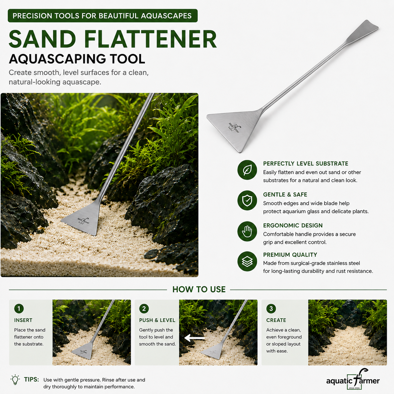 Sand Flattener by Aquatic Farmer - Stainless Steel Aquascaping Tools 2.0 (Surgical Grade)