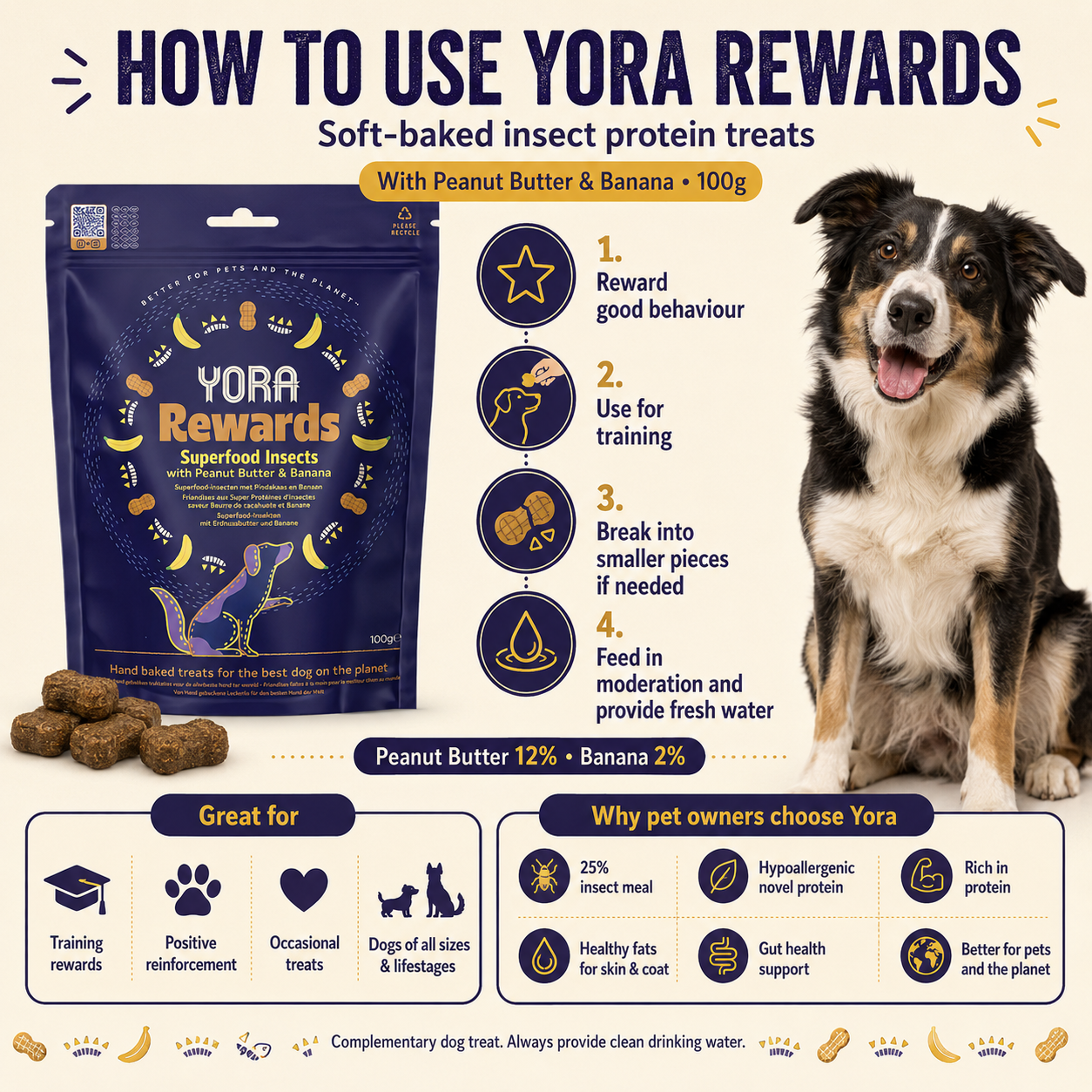 YORA Rewards Insect Protein Dog Treats Peanut Butter & Banana 100g