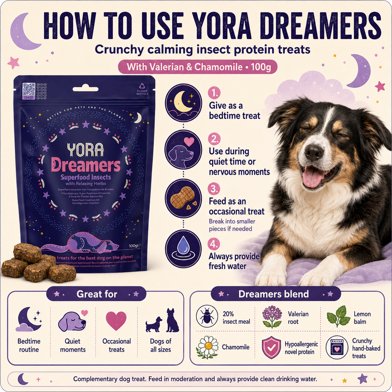 YORA Dreamers Insect Protein Calming Dog Treats with Valerian & Chamomile 100g